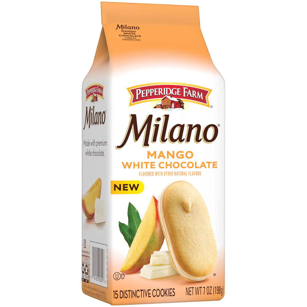 Pepperidge Farm Milano white chocolate mango close-up centers showcased