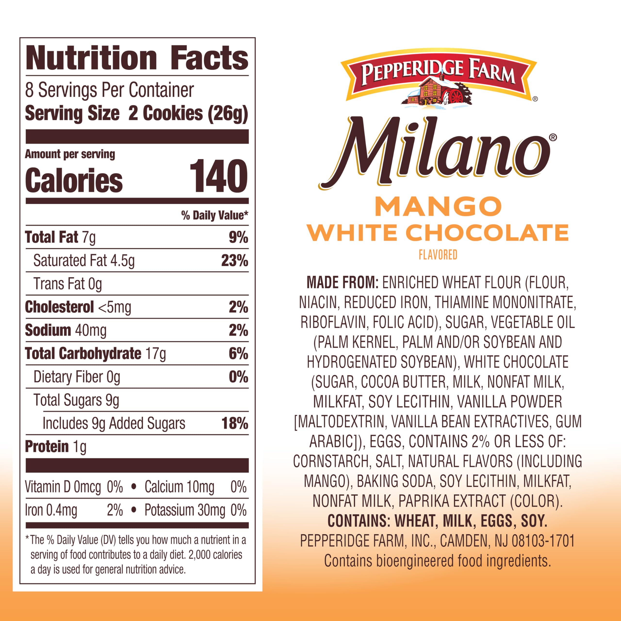 Pepperidge Farm Milano cookies closeup shows creamy white chocolate mango
