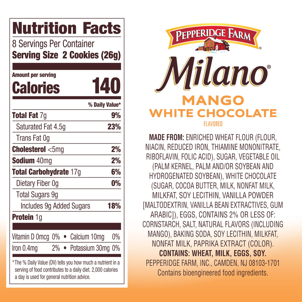 Pepperidge Farm Milano cookies closeup shows creamy white chocolate mango