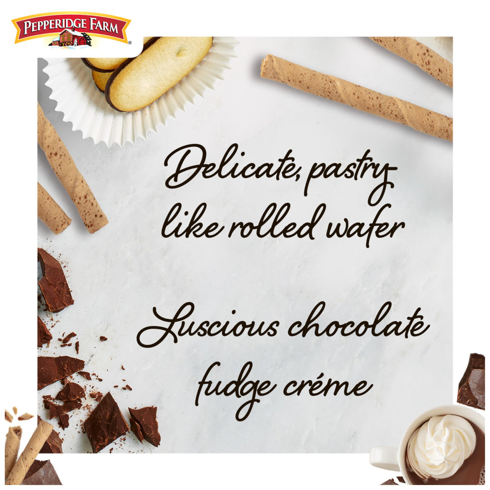 Pepperidge Farm Pirouette Cookies tin display on shelf, keeps cookies fresh.