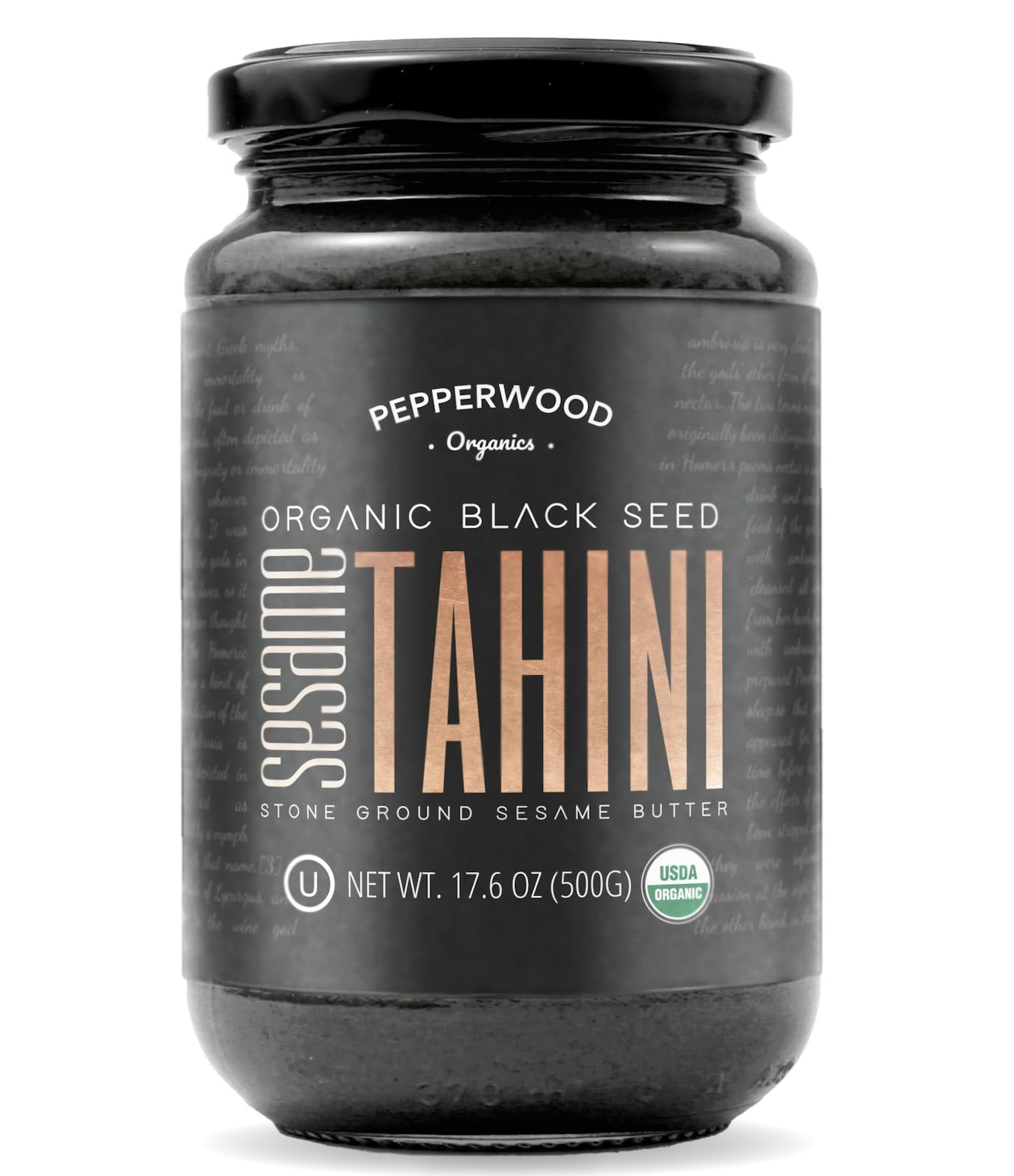 Pepperwood Organics black sesame tahini jar front showing rich color and premium packaging