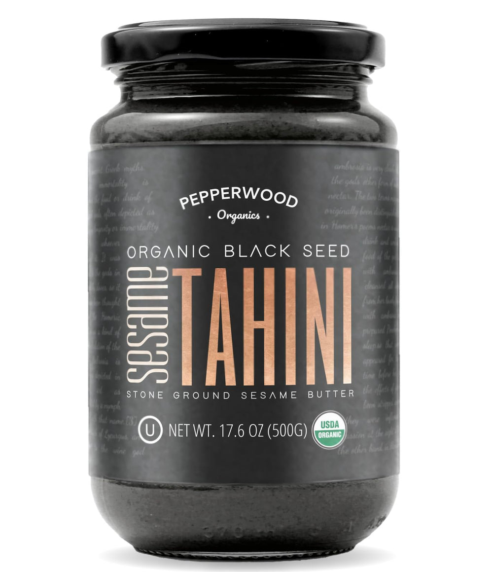 Pepperwood Organics black sesame tahini jar front showing rich color and premium packaging