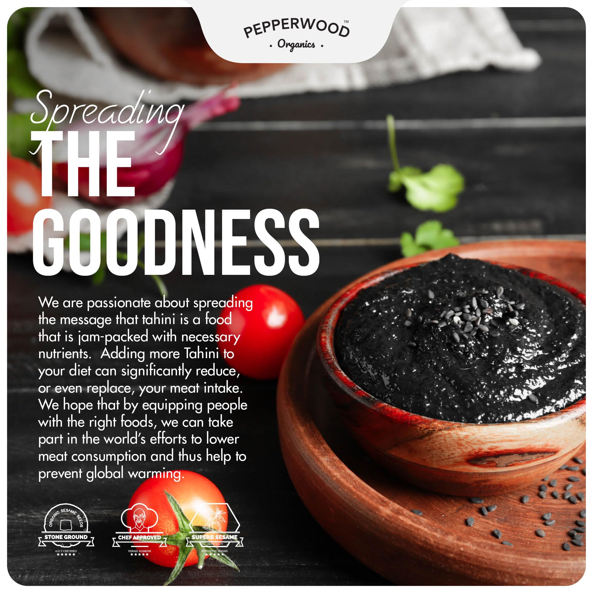 Open Pepperwood Organics black sesame tahini jar releasing roasted aroma