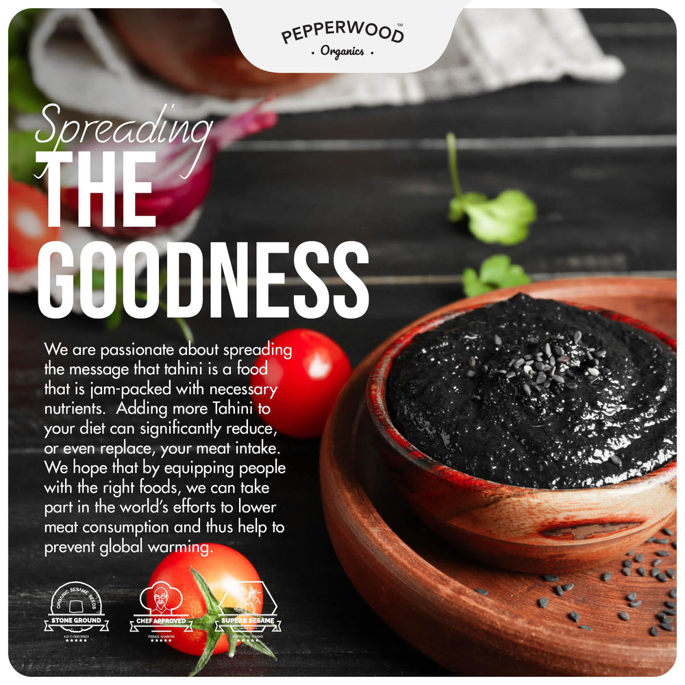 Open Pepperwood Organics black sesame tahini jar releasing roasted aroma