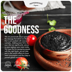 Open Pepperwood Organics black sesame tahini jar releasing roasted aroma