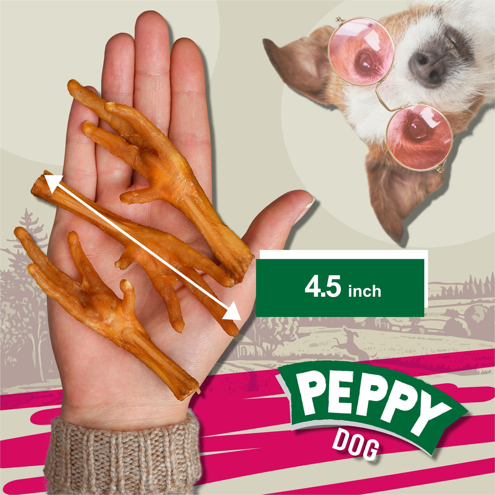 Close view of crispy, dehydrated PEPPY DOG chicken feet