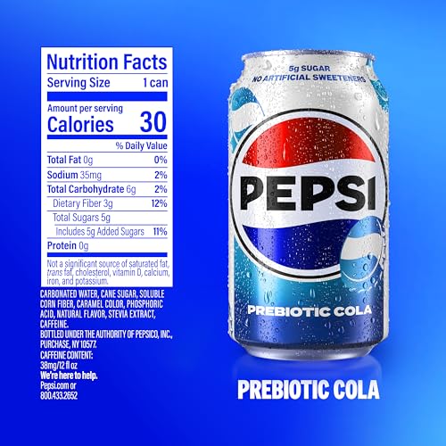 Pepsi Prebiotic Cola can side view, perfect for on-the-go sipping.