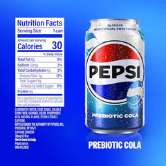 Pepsi Prebiotic Cola can side view, perfect for on-the-go sipping.