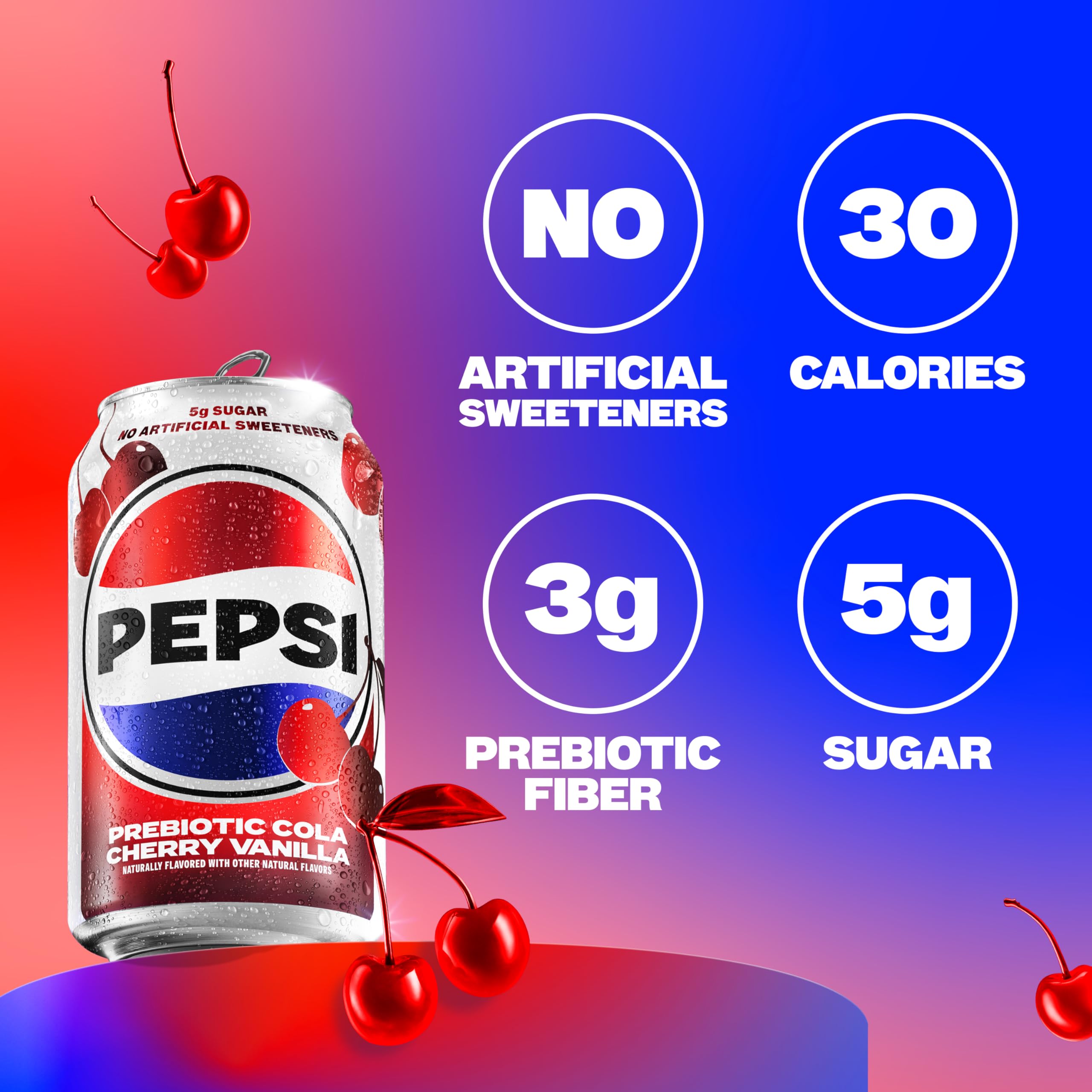 Pepsi Prebiotic Cola cherry vanilla label highlights no artificial sweeteners.