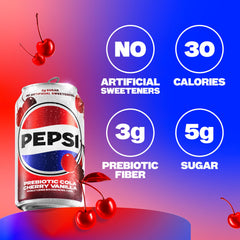Pepsi Prebiotic Cola cherry vanilla label highlights no artificial sweeteners.