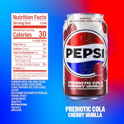 Pepsi Prebiotic Cola ice-cold pour showing cherry vanilla flavor.