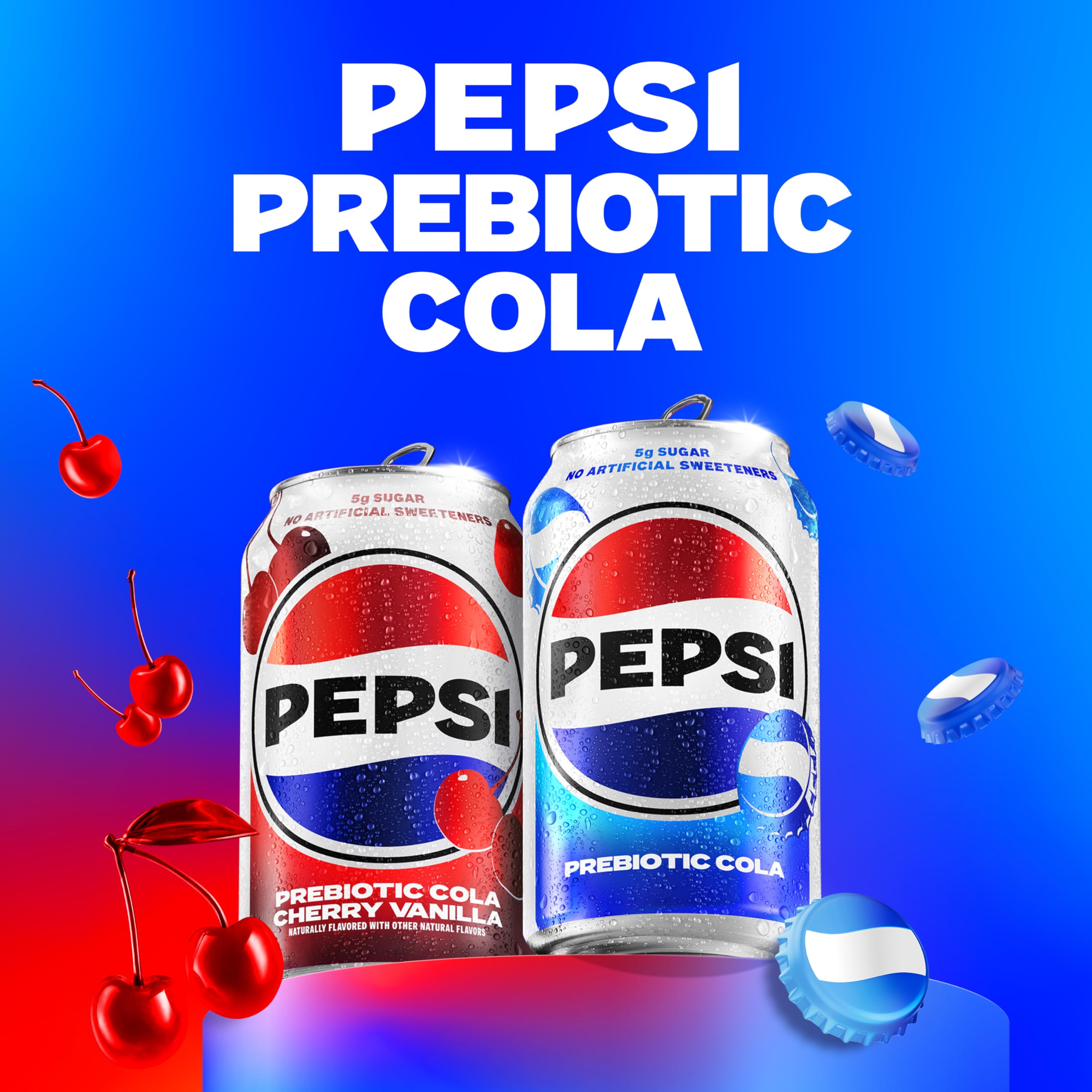Pepsi Prebiotic Cola label close-up, showcasing no artificial sweeteners.