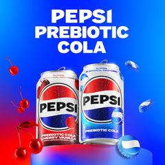 Pepsi Prebiotic Cola label close-up, showcasing no artificial sweeteners.