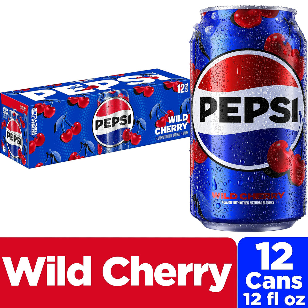 Pepsi Wild Cherry logo on a chilled can for meals.