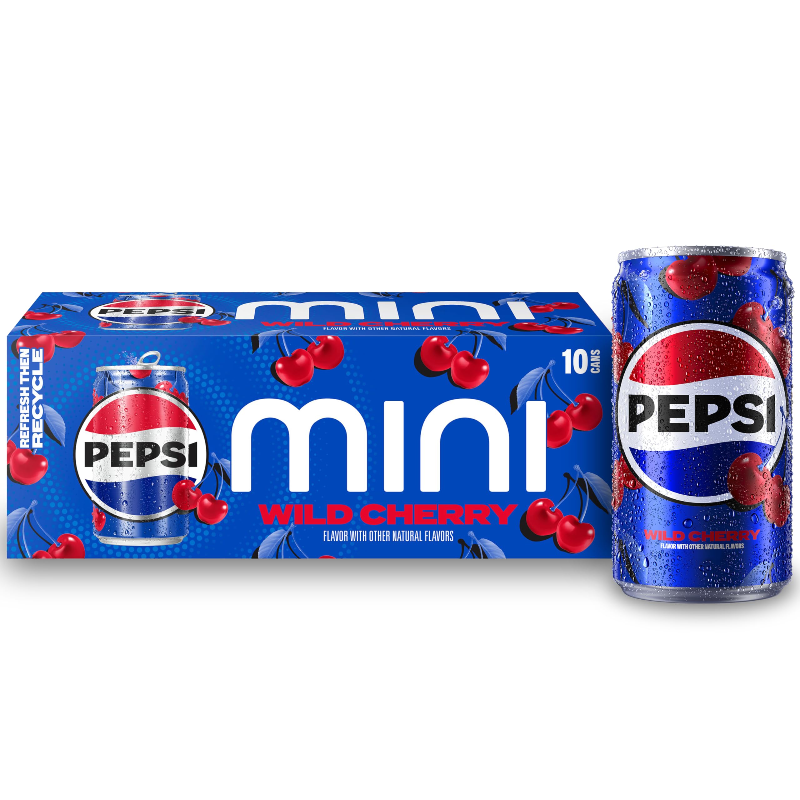 Pepsi Wild Cherry Cola mini can 10-pack packshot, ideal for easy party prep.