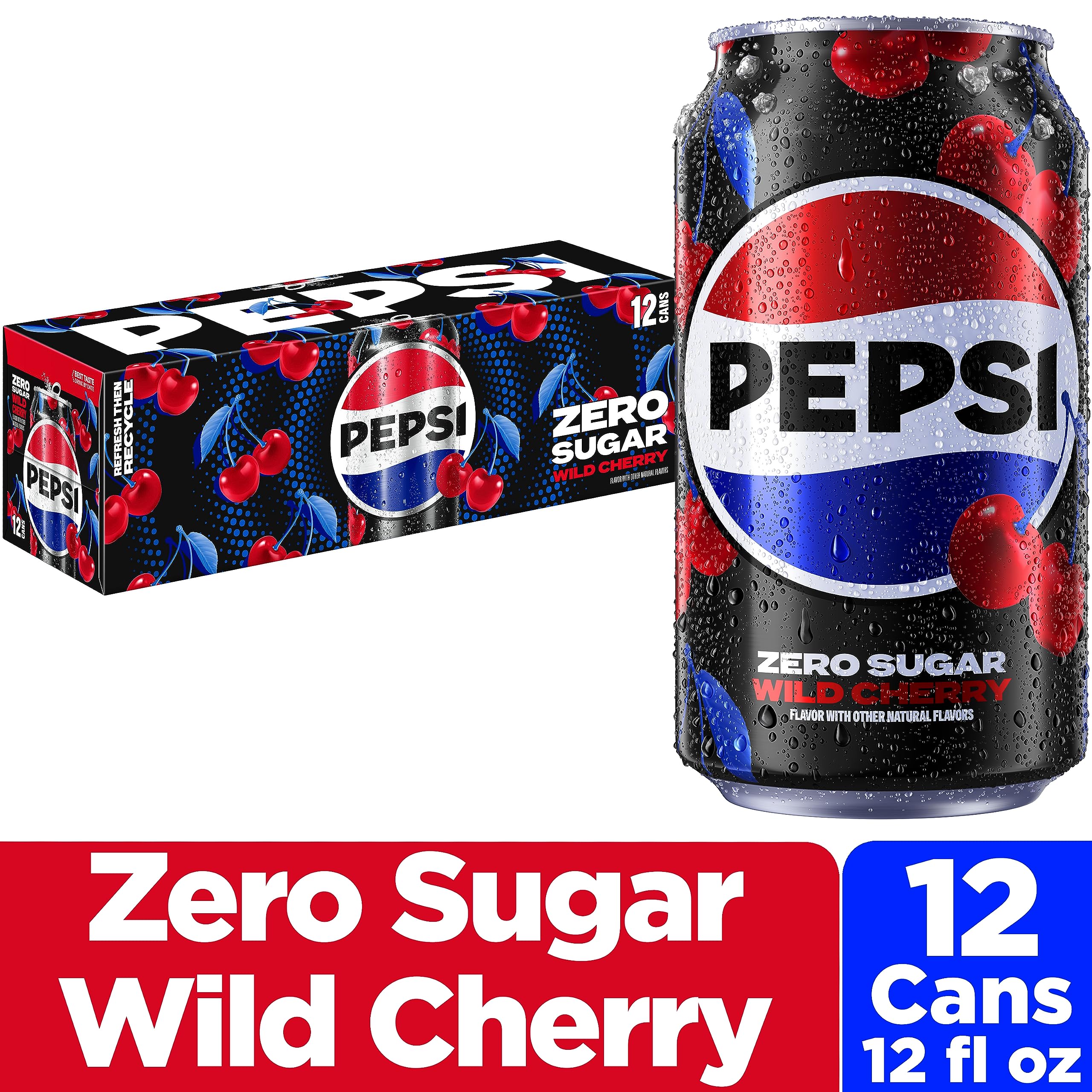 Pepsi Zero Sugar Wild Cherry pack of 12 cans on a bright table for parties