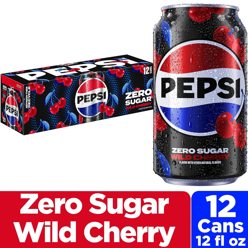 Pepsi Zero Sugar Wild Cherry pack of 12 cans on a bright table for parties