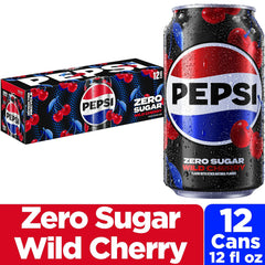 Pepsi Zero Sugar Wild Cherry pack of 12 cans on a bright table for parties