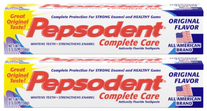 Pepsodent Complete Care original toothpaste, front view, highlighting cavity protection and whitening.