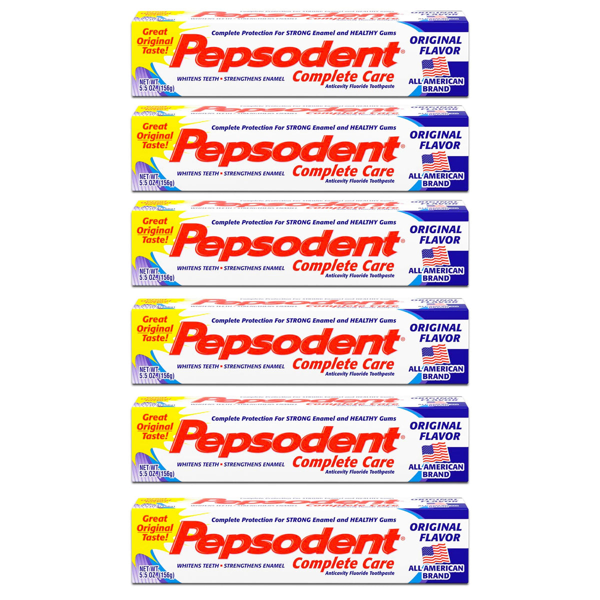 Pepsodent Complete Care toothpaste tube beside a toothbrush, supporting whitening through daily brushing.