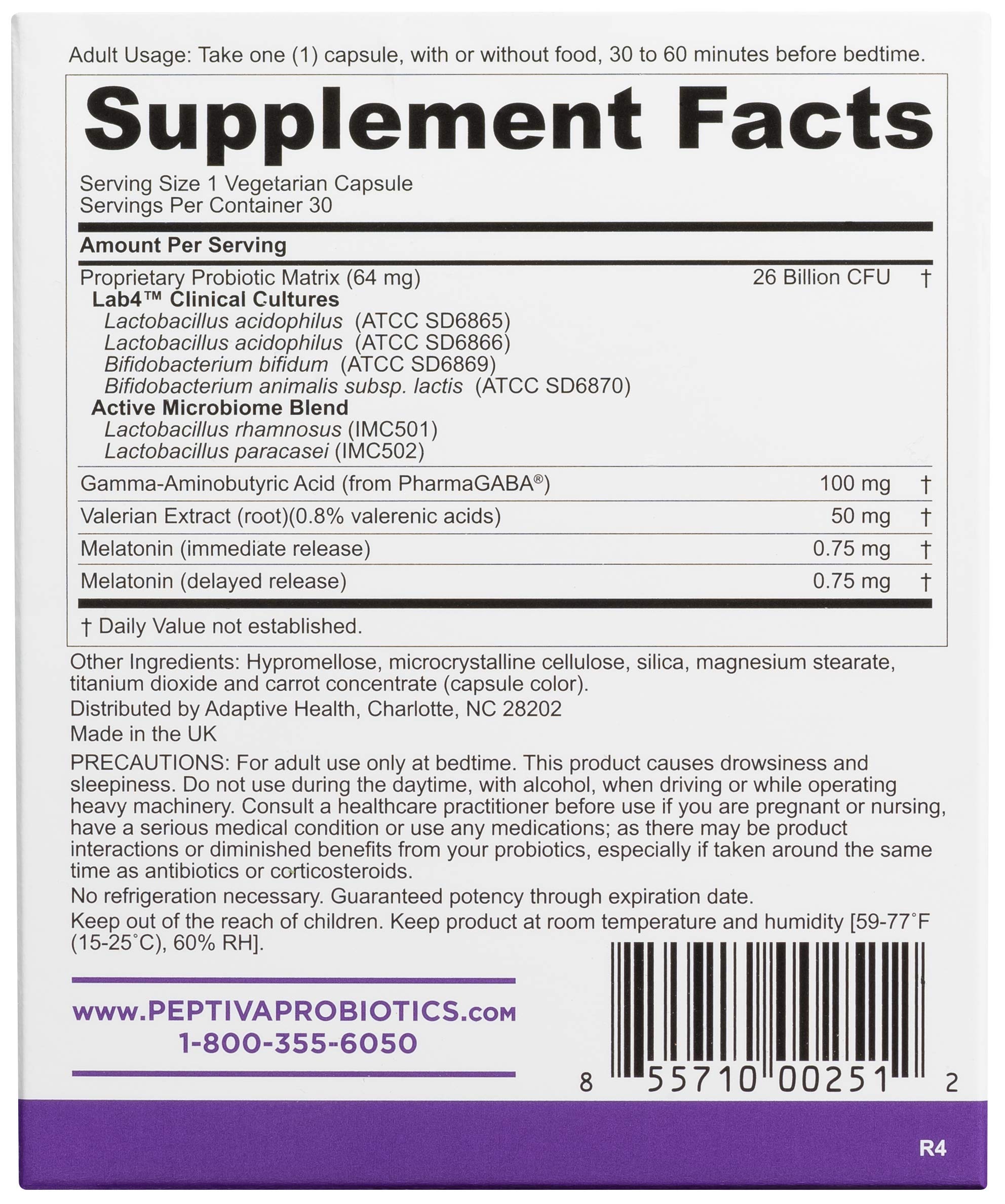 Peptiva label closeup highlights multi-strain probiotic matrix and melatonin.