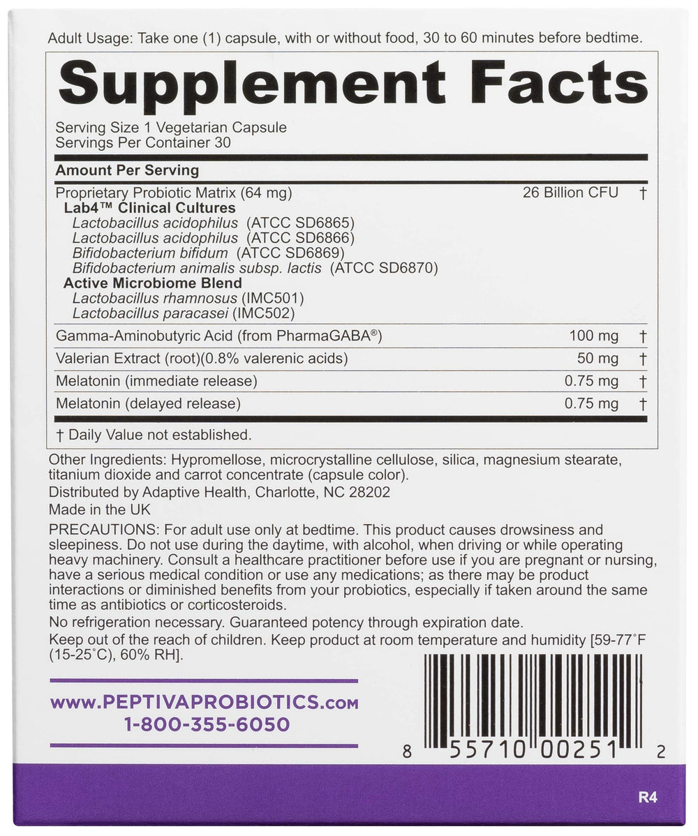 Peptiva label closeup highlights multi-strain probiotic matrix and melatonin.
