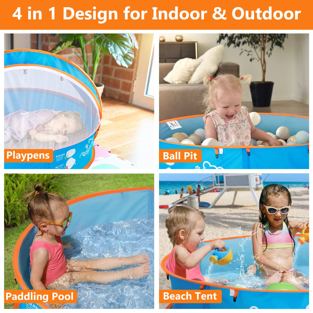 Peradix baby beach tent provides shade and breeze protection on sunny days.