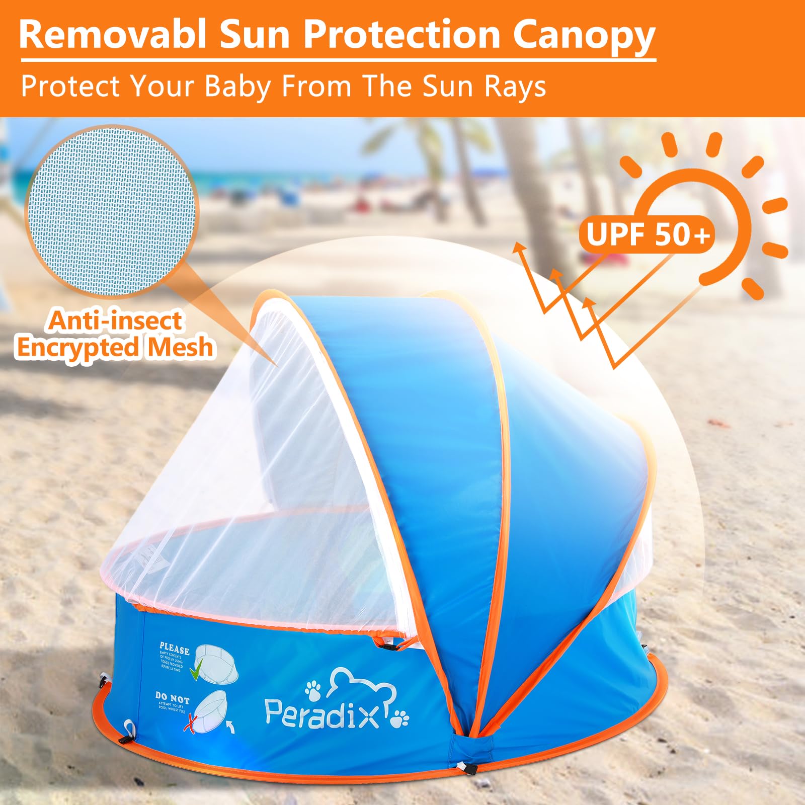 Peradix UV canopy with mosquito net keeps kids shaded and insects out.