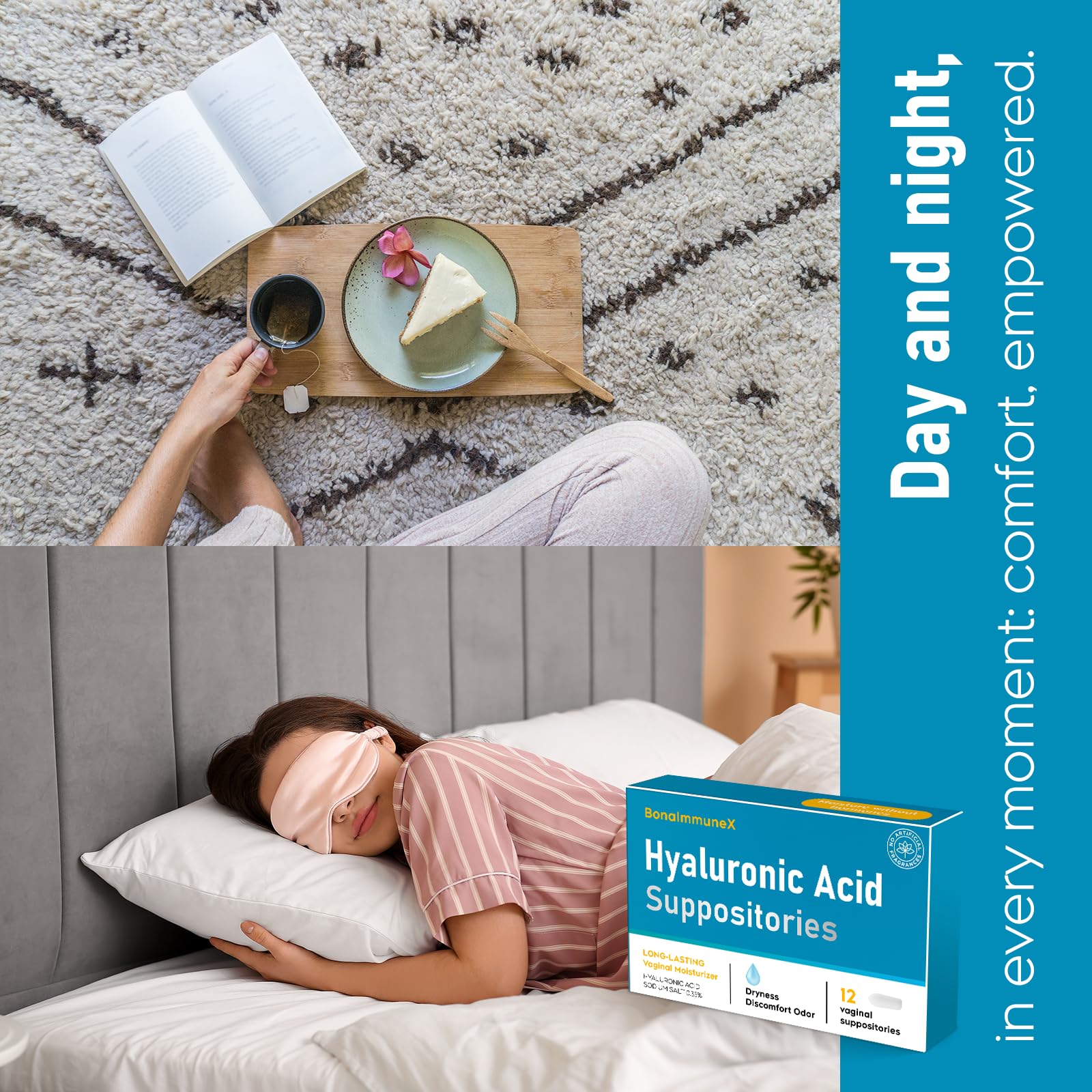 Nighttime scene shows Peralpow Hyaluronic Acid vaginal suppositories dissolving for overnight hydration and comfort.