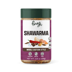 Pereg Shawarma Spice bottle front, ideal for grilling flavorful meat.