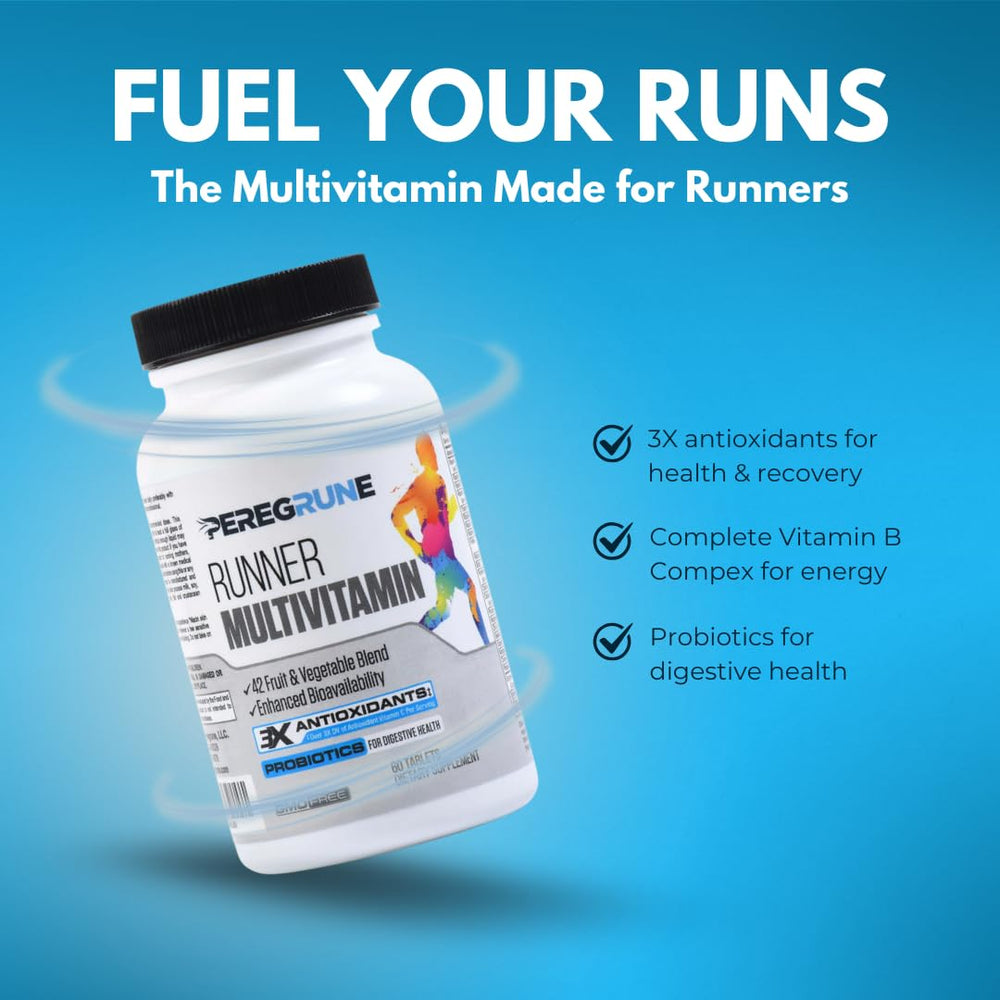 PEREGRUNE Runner Multivitamin label front highlights vegan, non-GMO nutrition.