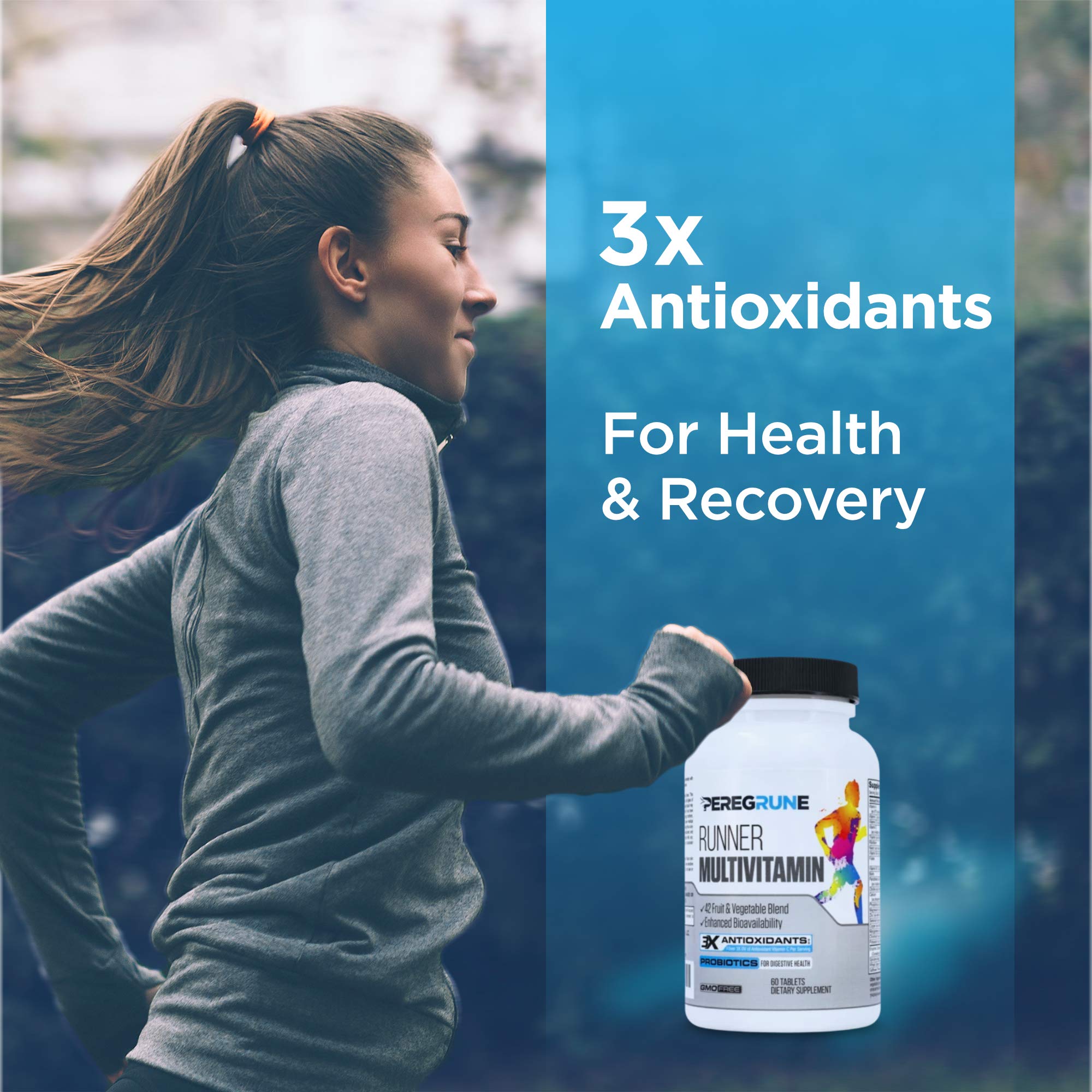 PEREGRUNE Runner Multivitamin on counter with nutrition facts panel.