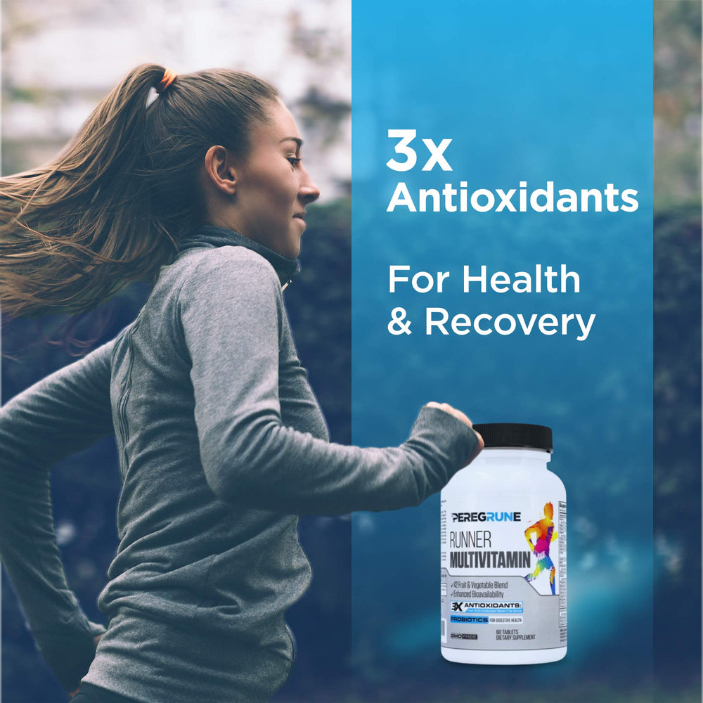 PEREGRUNE Runner Multivitamin on counter with nutrition facts panel.