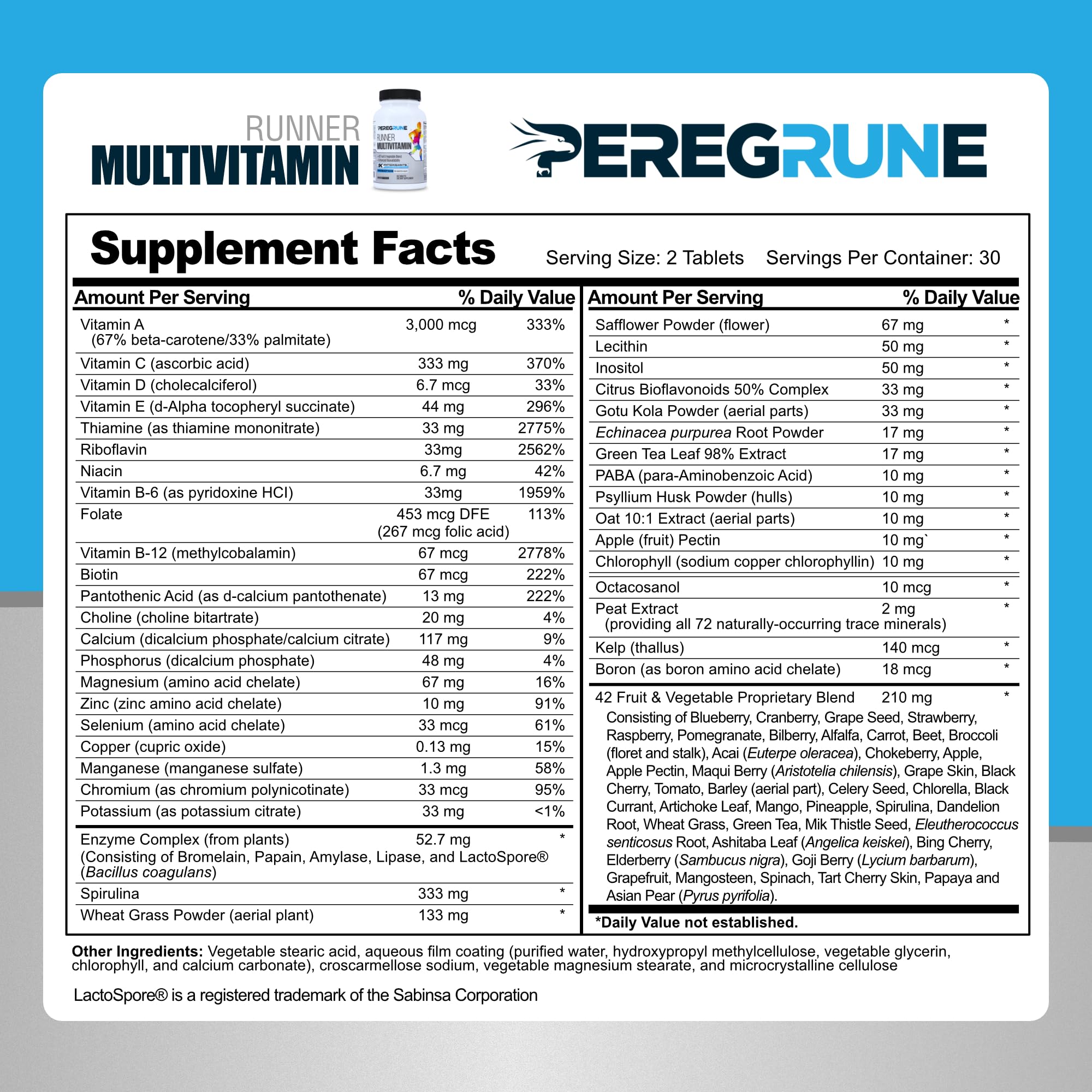 Close-up of PEREGRUNE Runner Multivitamin tablets highlighting energy metabolism.