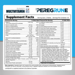 Close-up of PEREGRUNE Runner Multivitamin tablets highlighting energy metabolism.
