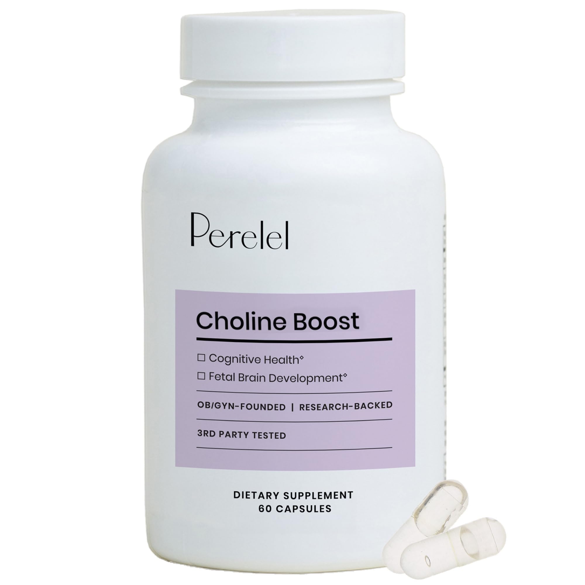 Perelel Choline Boost bottle and capsules for daily prenatal support