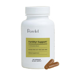 Perelel Fertility Support bottle label highlights a clean, non-GMO daily supplement for reproductive wellness.