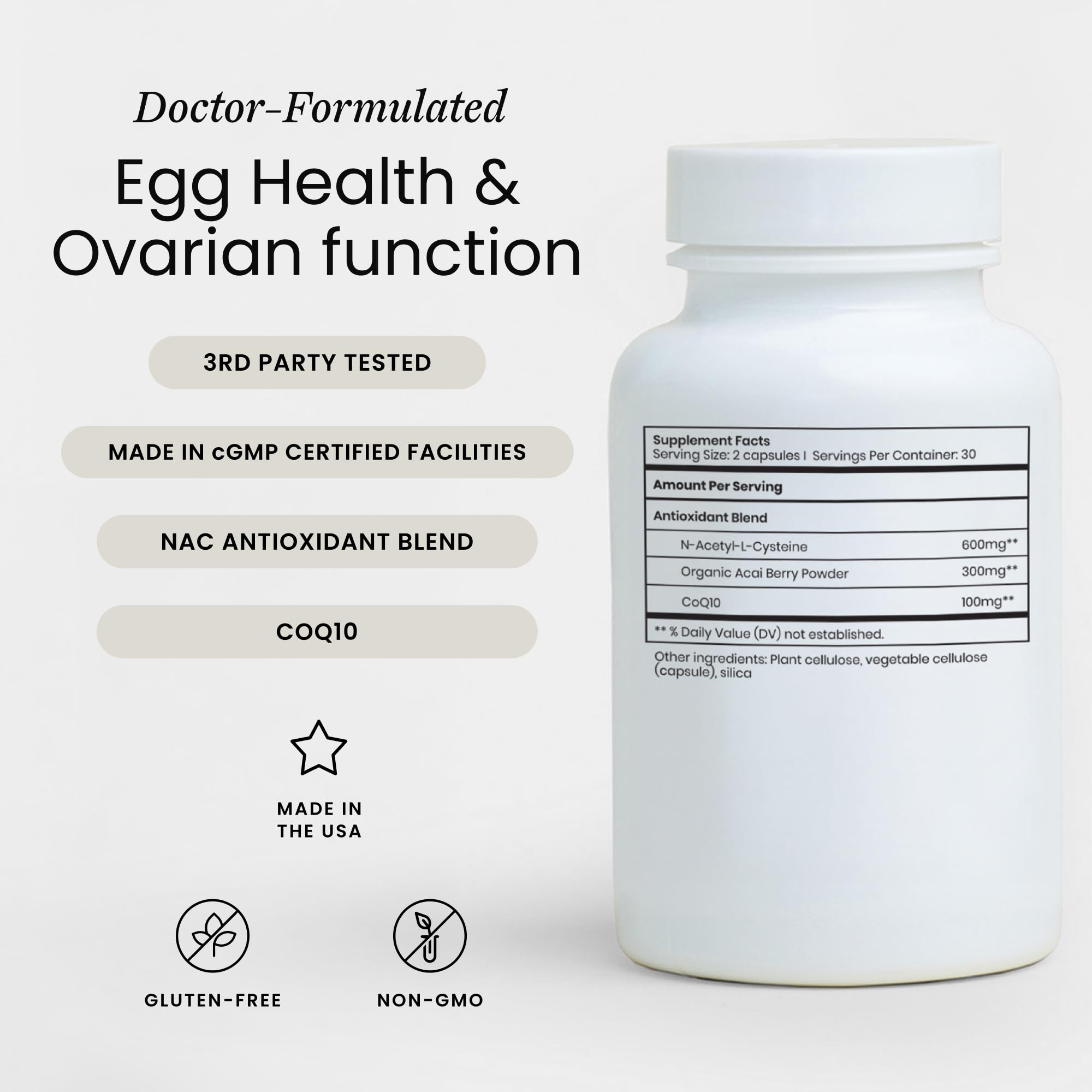 Capsules close-up showing NAC, CoQ10, and açai as part of a convenient daily routine.