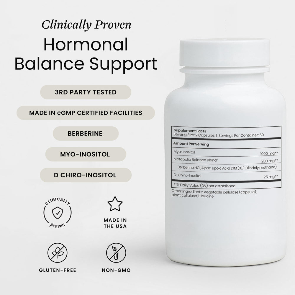 Close-up of Perelel capsules showing 40:1 inositol ratio for balance.