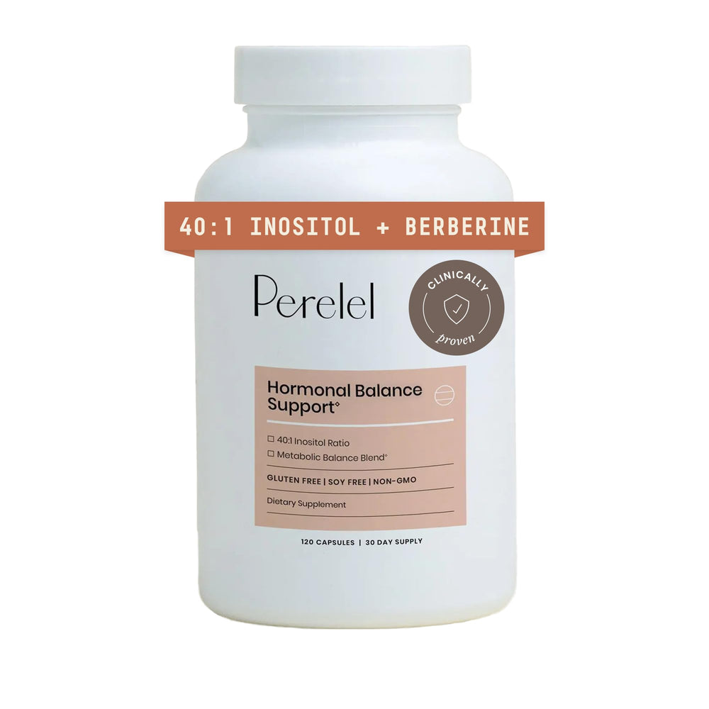 Perelel Hormone Balance bottle and capsules for daily wellness.