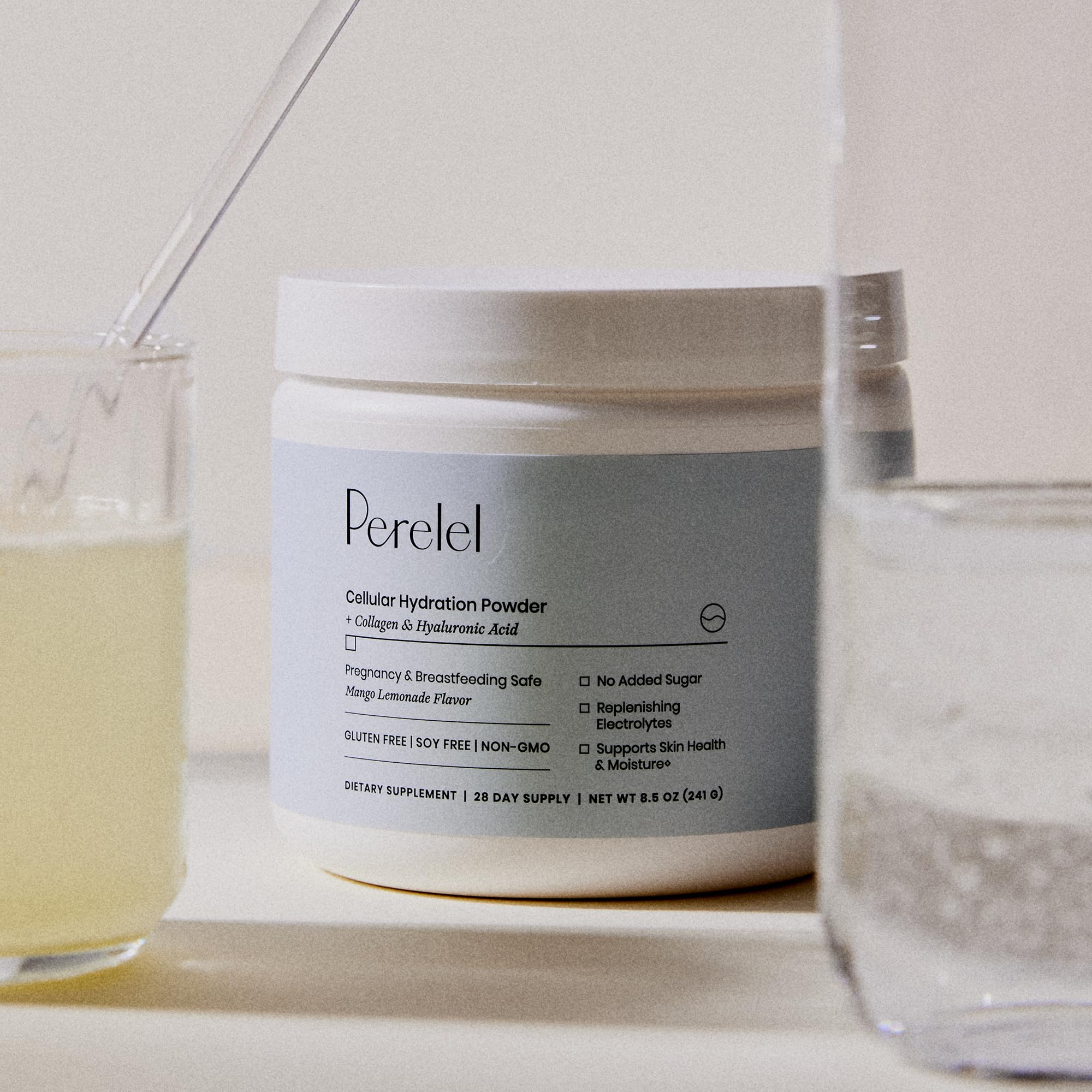 Perelel Hydration Powder label emphasizes clean-label, non-GMO, soy-free and gluten-free