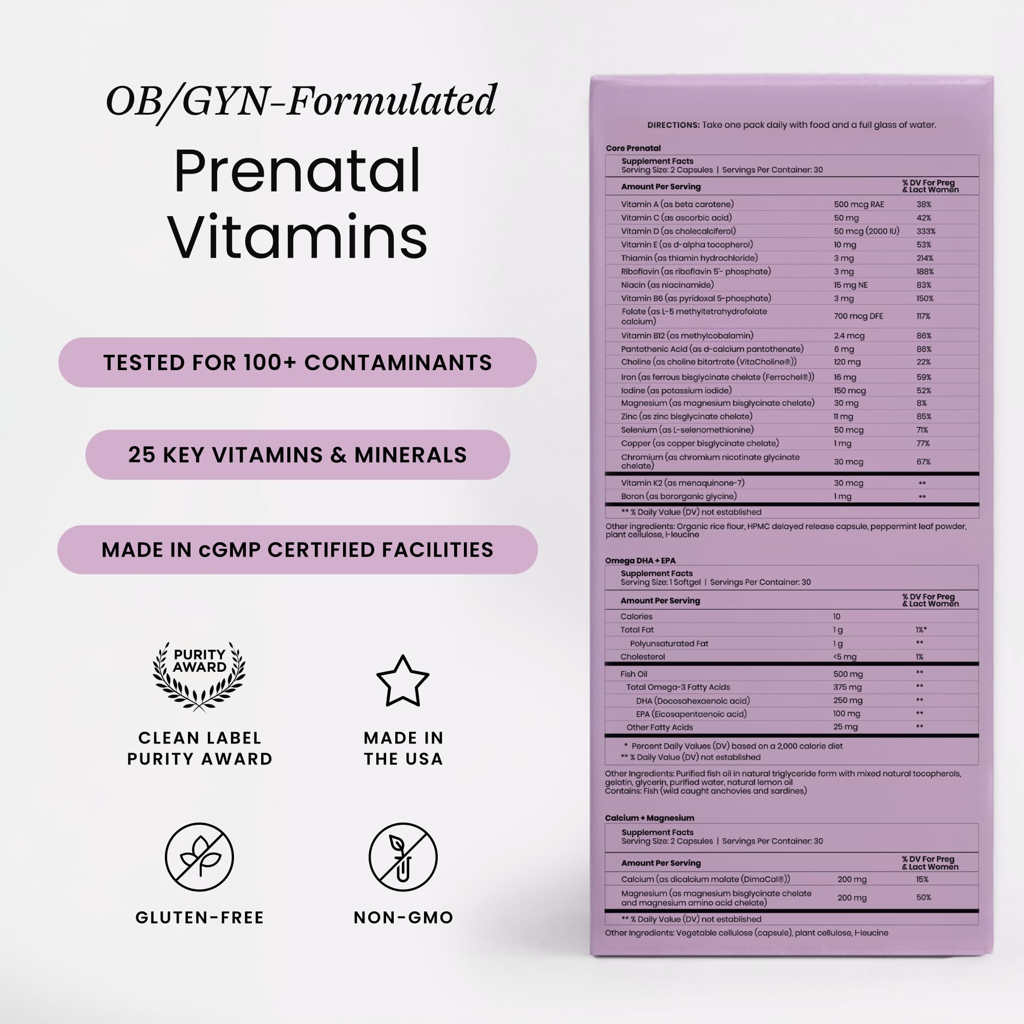 Perelel daily sachet setup shows two prenatal capsules and minerals for easy routine.