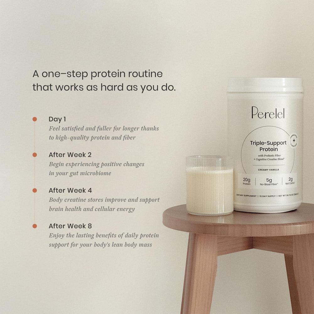 Perelel blender-mix with vanilla protein for a creamy post-workout shake.