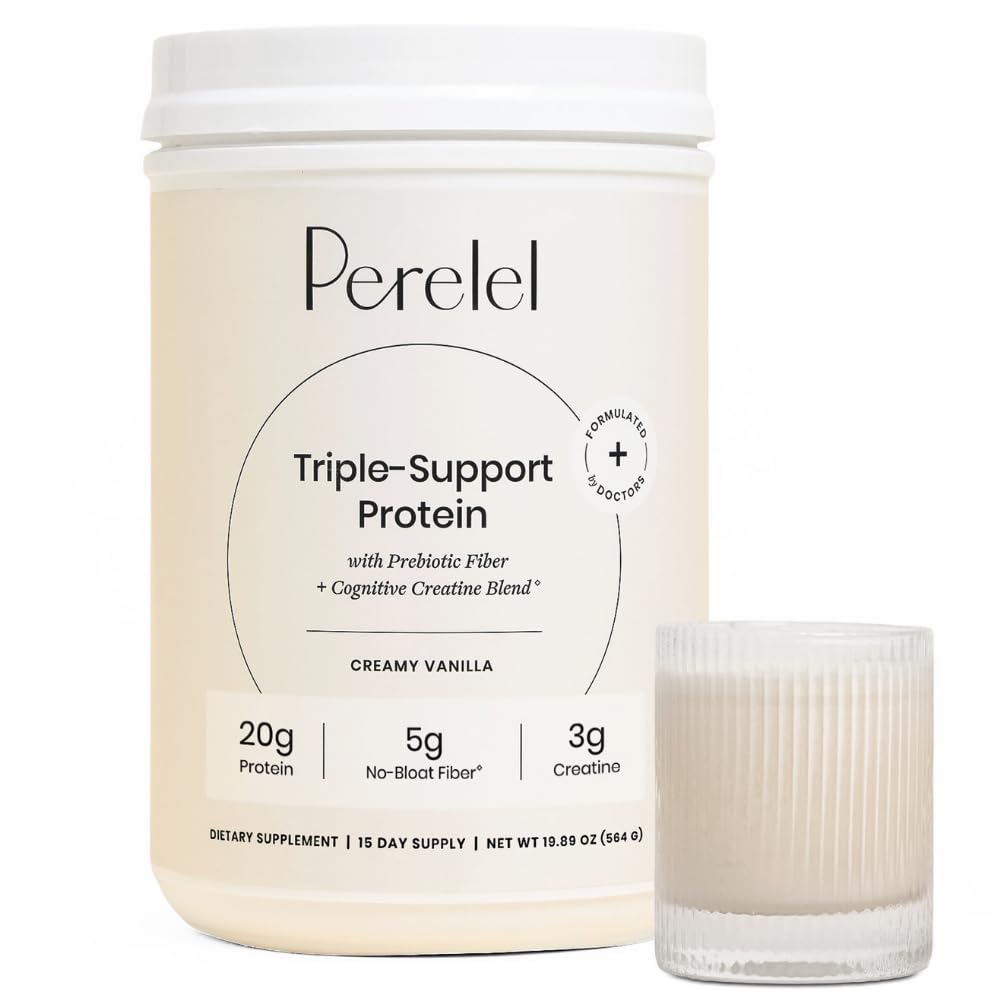 Perelel Triple-Support protein bottle with vanilla flavor for daily nourishment and on-the-go fuel.