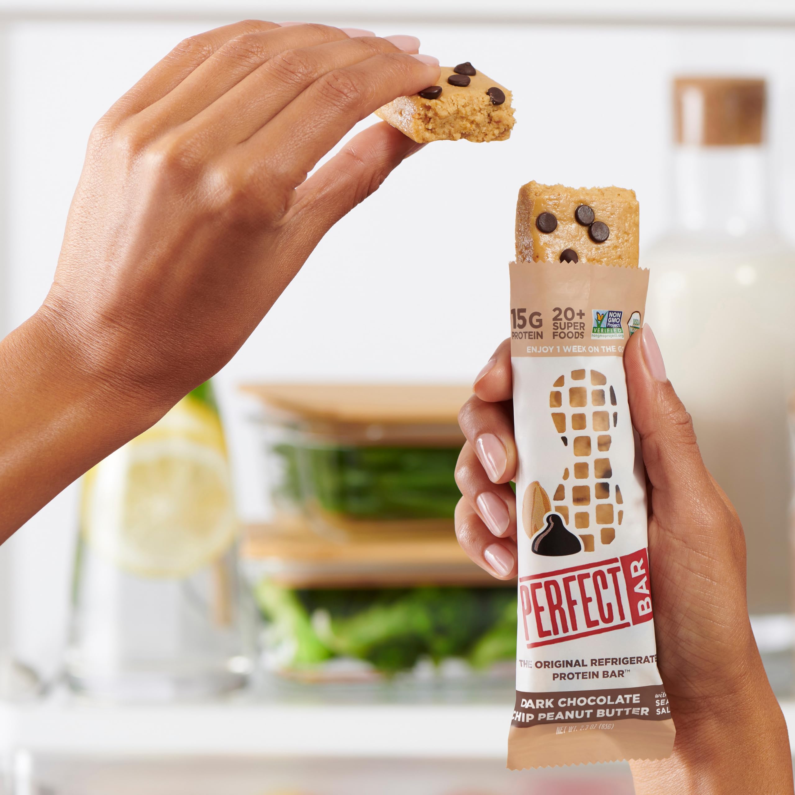 Perfect Bar 2.3-ounce bar on a napkin for convenient on-the-go protein.