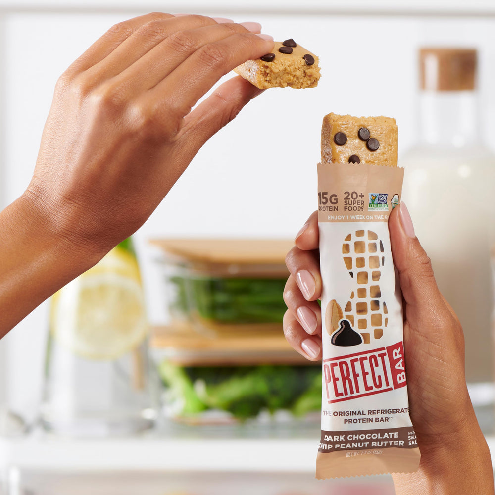 Perfect Bar 2.3-ounce bar on a napkin for convenient on-the-go protein.