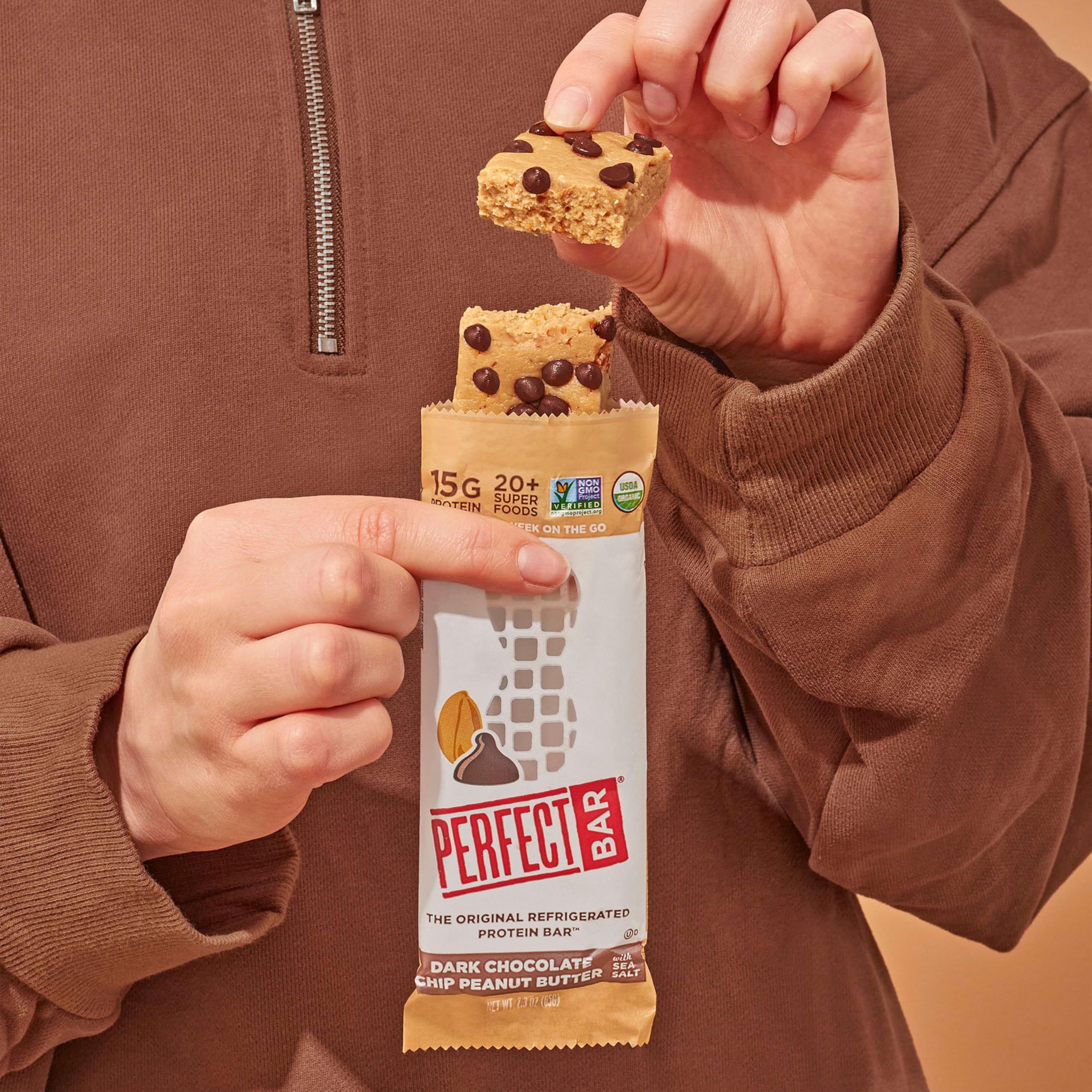 Perfect Bar organic superfoods blend on label signals nutrient-dense snack.