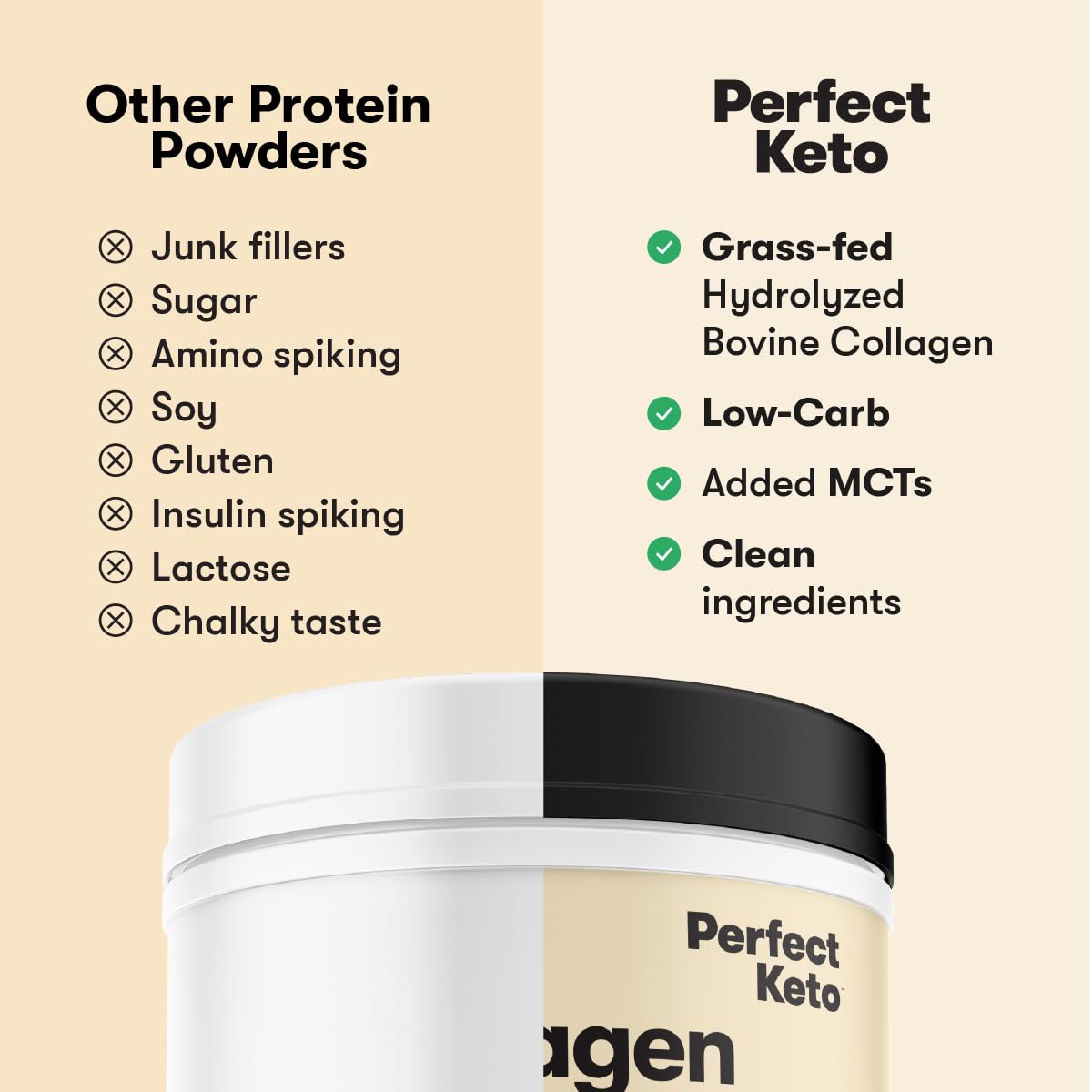 Perfect Keto Collagen Powder scoop beside jar, easy portion for quick shakes