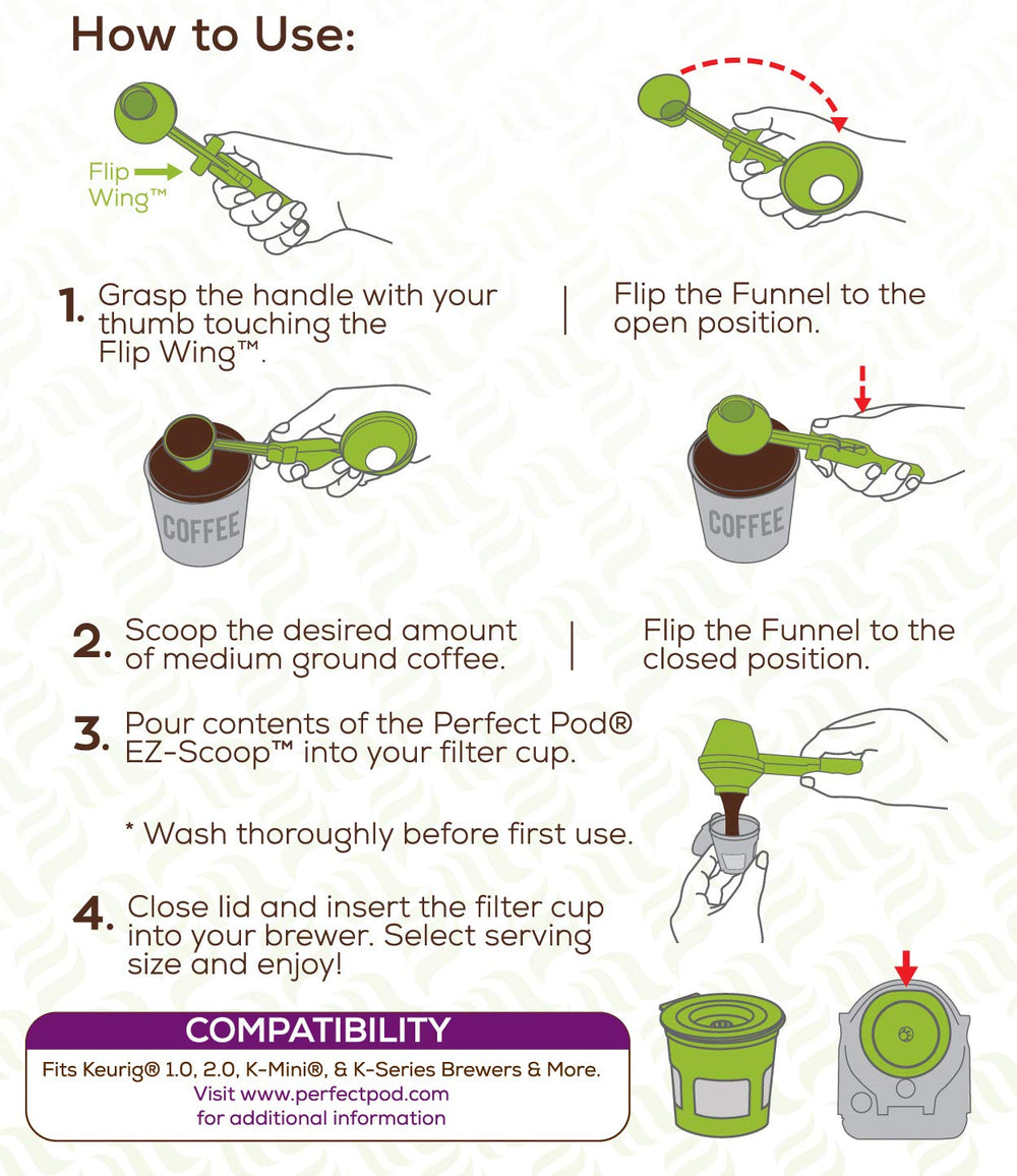 PERFECT POD brew setup shows easy-fill cup for quick, mess-free preparation.