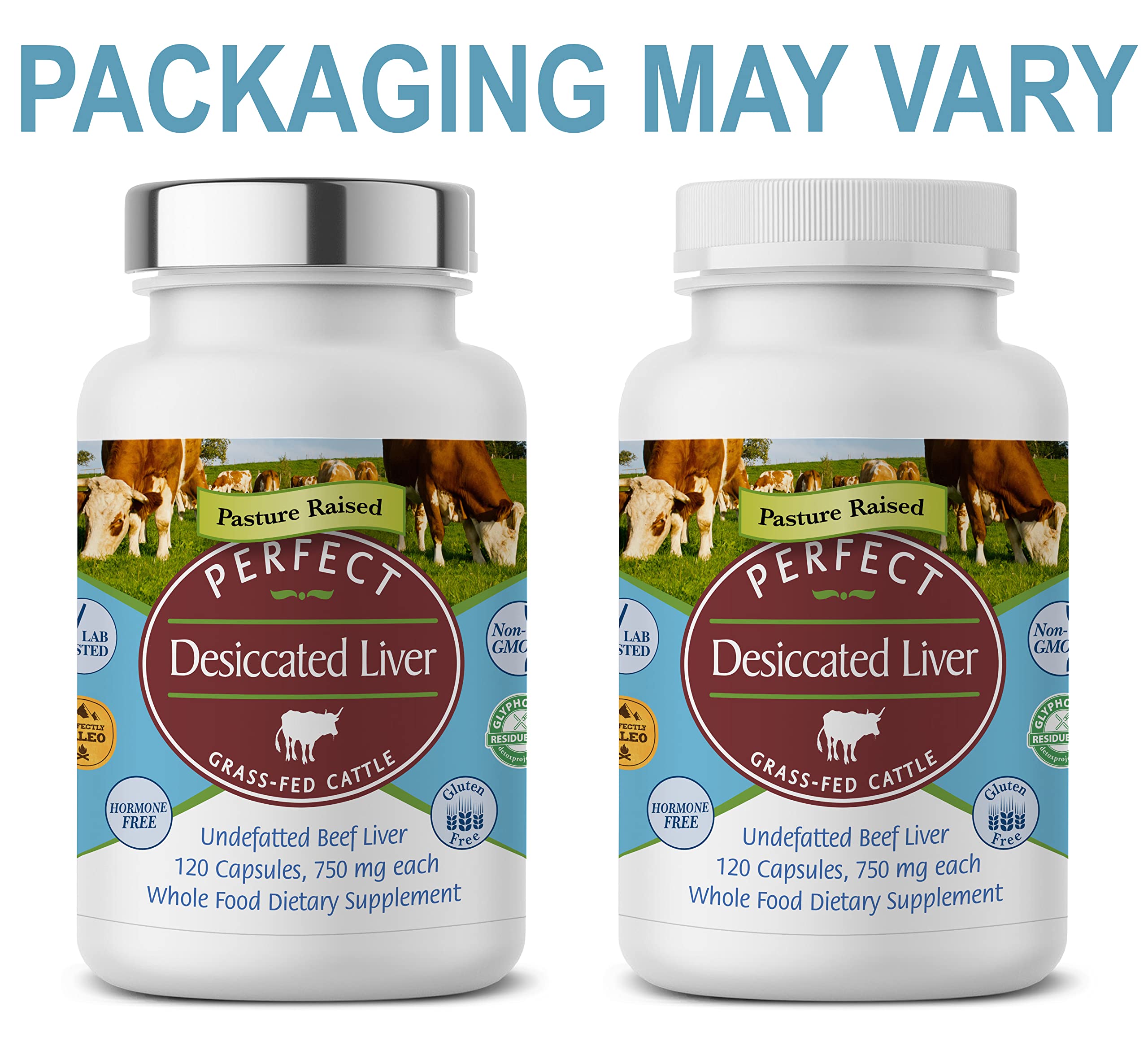 Perfect Supplements beef liver capsules close-up showing easy-to-swallow pills.